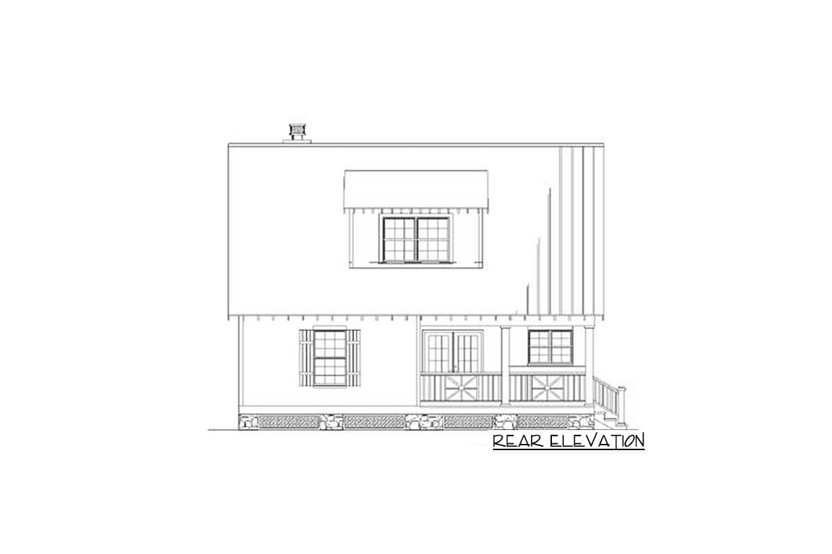 Rear elevation of a two-story house plan showing a covered porch with railing, double doors, and three windows.