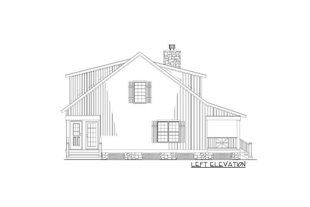 Left elevation house plan drawing of a two-story home with a gabled roof, stone chimney, double doors, and covered porch.