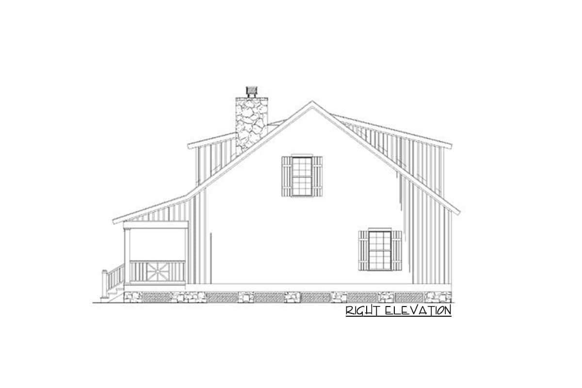 Right elevation drawing of a house plan featuring a stone chimney, covered porch, and two windows.