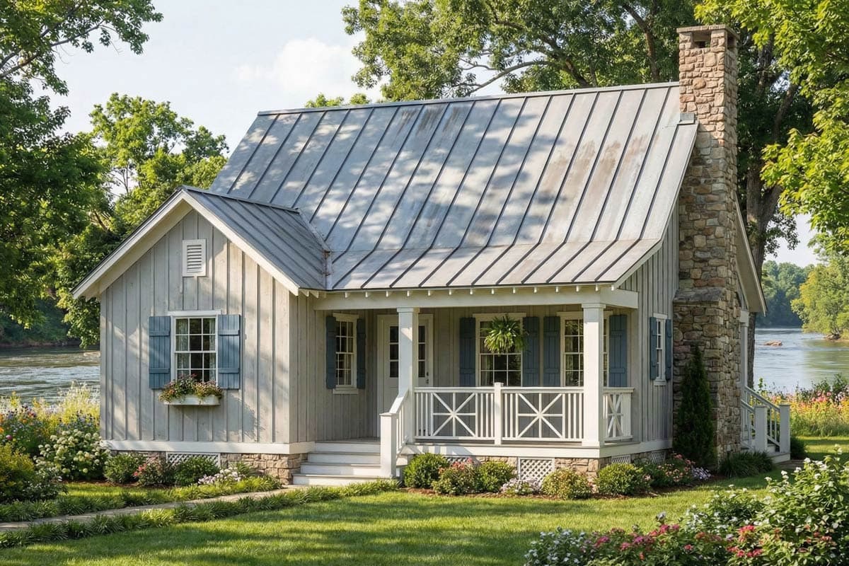Cottage style house plan exterior with vertical siding, metal roof, stone chimney, and covered porch with decorative railing.