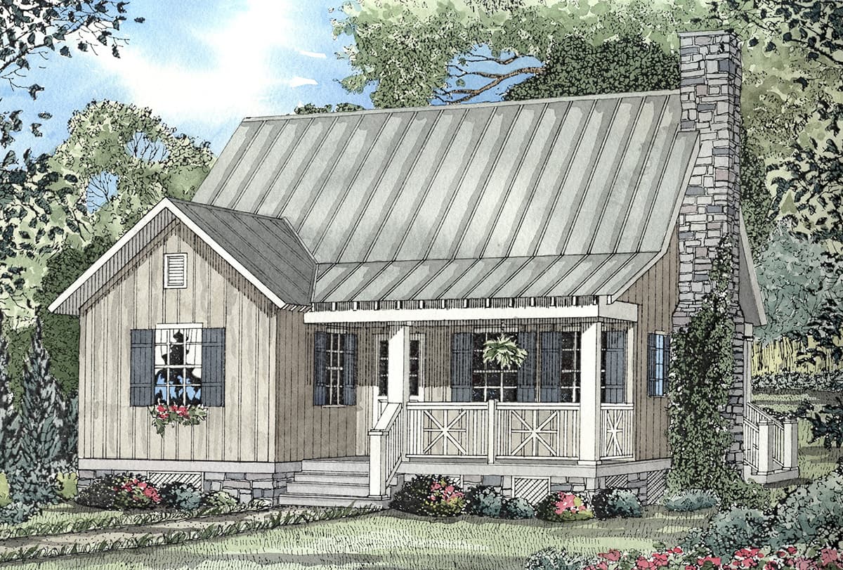 House plan exterior: Gable roof, metal roof, stone chimney, and covered front porch with decorative railing.