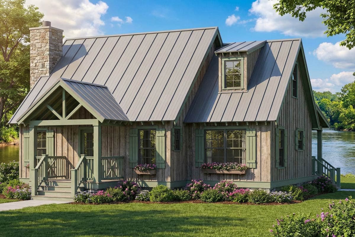 A quaint wooden cabin with a metal roof and green trim sits beside a river, surrounded by a lawn and flowerbeds under a blue sky.