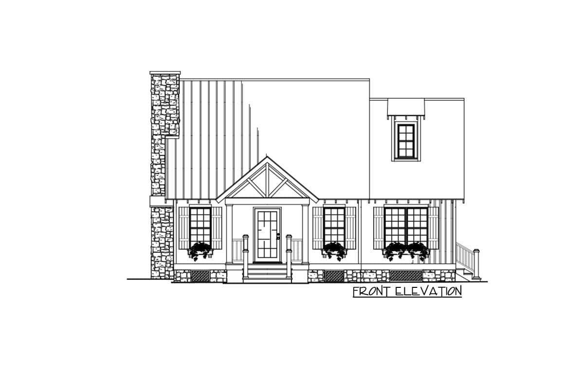 Front elevation drawing of a house plan with stone chimney, gabled entry porch, and metal roof.