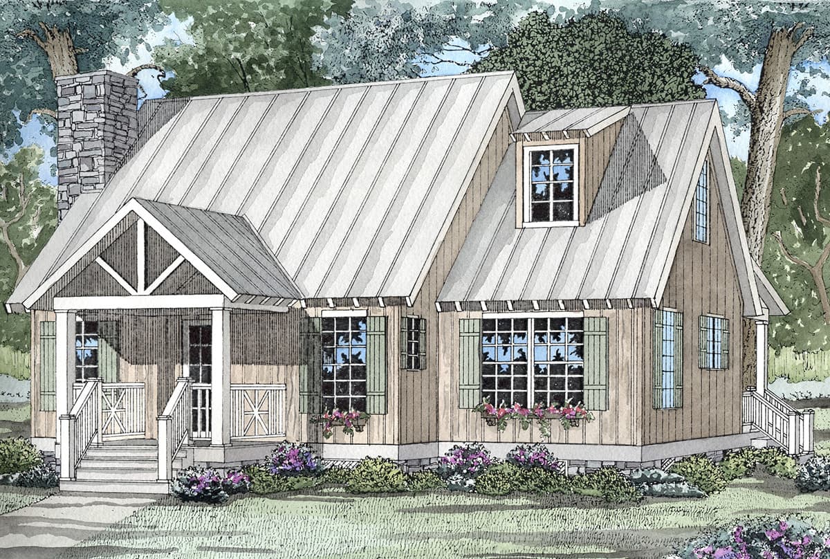 House plan exterior of a two-story cottage with a gabled front porch, stone chimney, dormers, and metal roof.
