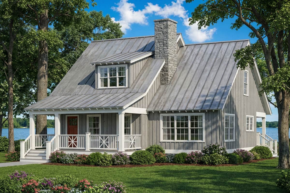 A charming gray cottage with a stone chimney, white trim, and a porch, set amongst trees on a grassy lawn overlooking a lake.