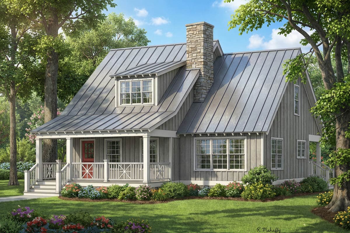 House plan exterior: Modern farmhouse style, two stories, metal roof, stone chimney, dormer, and covered porch with red door.