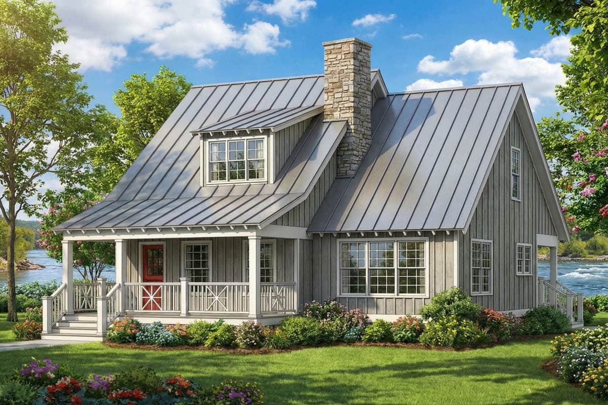 Craftsman house plan exterior with metal roof, stone chimney, front porch with red door, and dormer window.