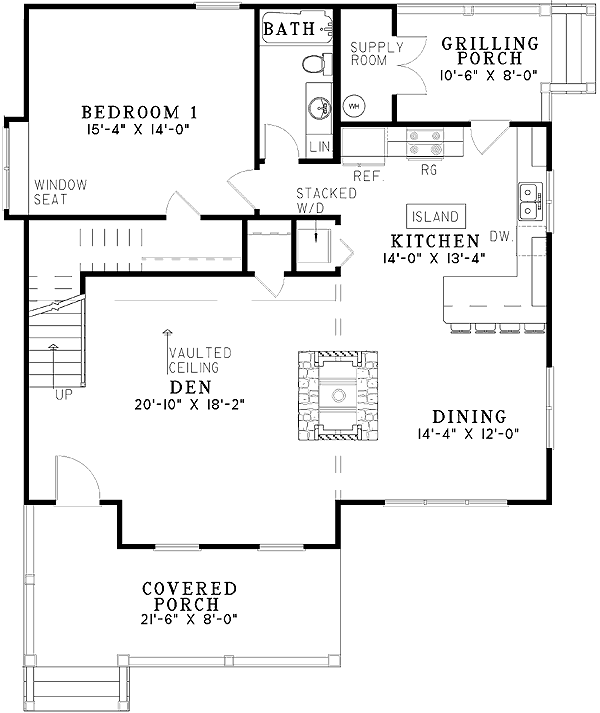Plan 59159ND: Country Cottage House Plan - Floor Plan - Main Level - Cabin, Cottage, Country, Rustic, Vacation