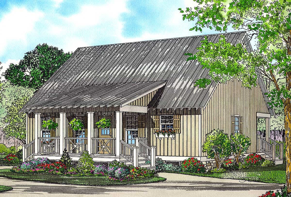 House plan exterior: Cottage style, one story, with a metal roof, wraparound porch, and vertical siding.