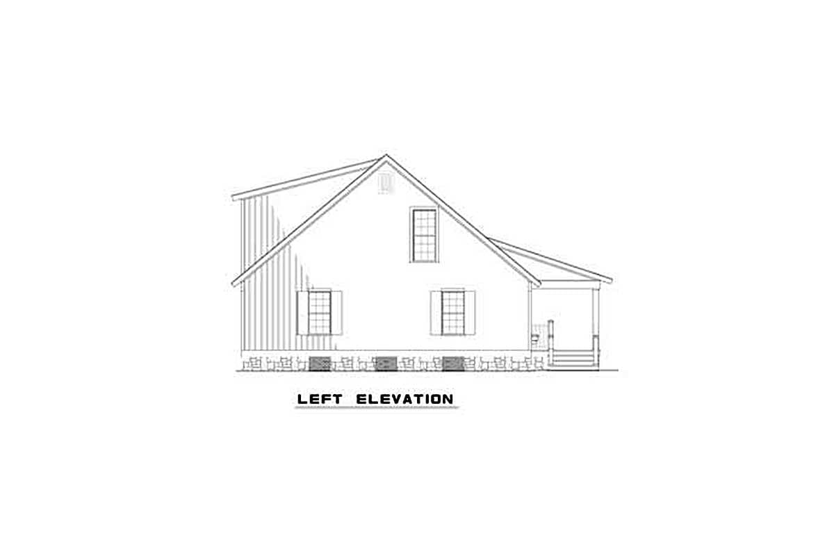 Left elevation drawing of a house plan, featuring a gabled roof, two stories, and a covered porch.