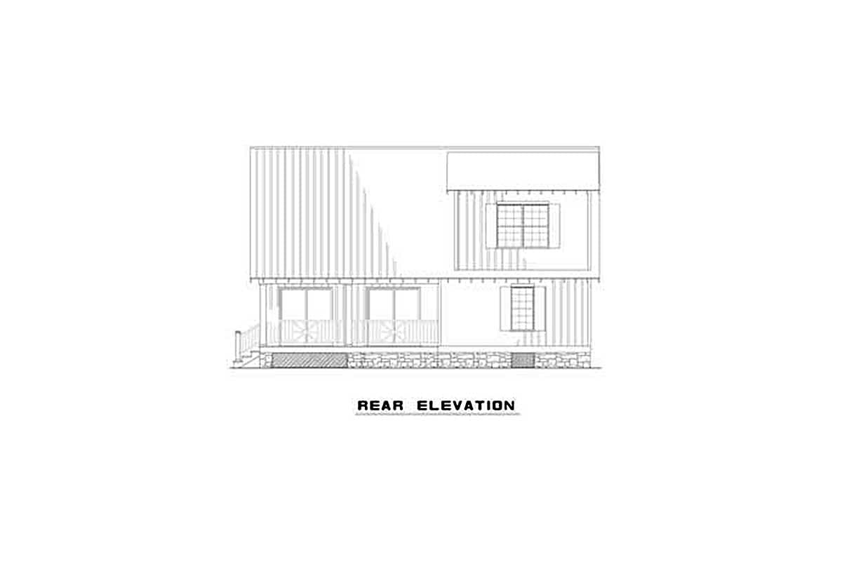 Rear elevation drawing of a two-story house with a porch, multiple windows, and a sloped roofline.