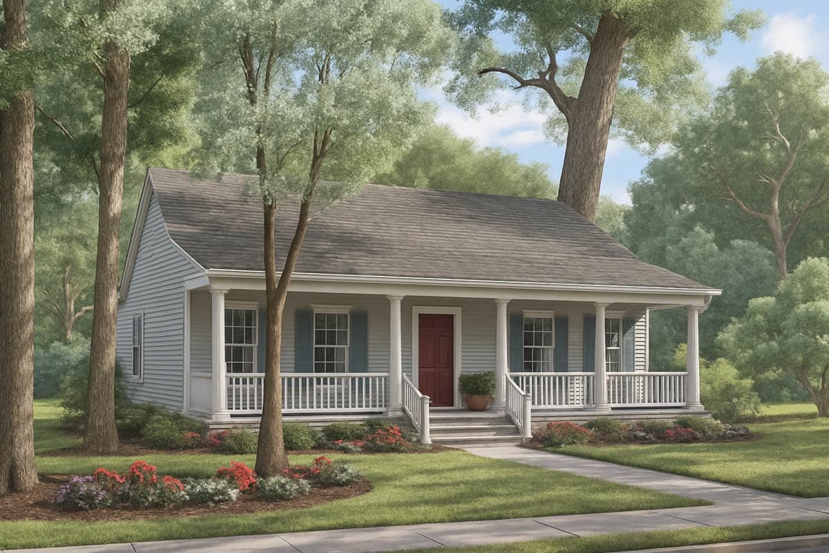 House plan exterior. One-story Cottage style home with front porch, gabled roof, and white railing. Includes blue shutters and red front door.