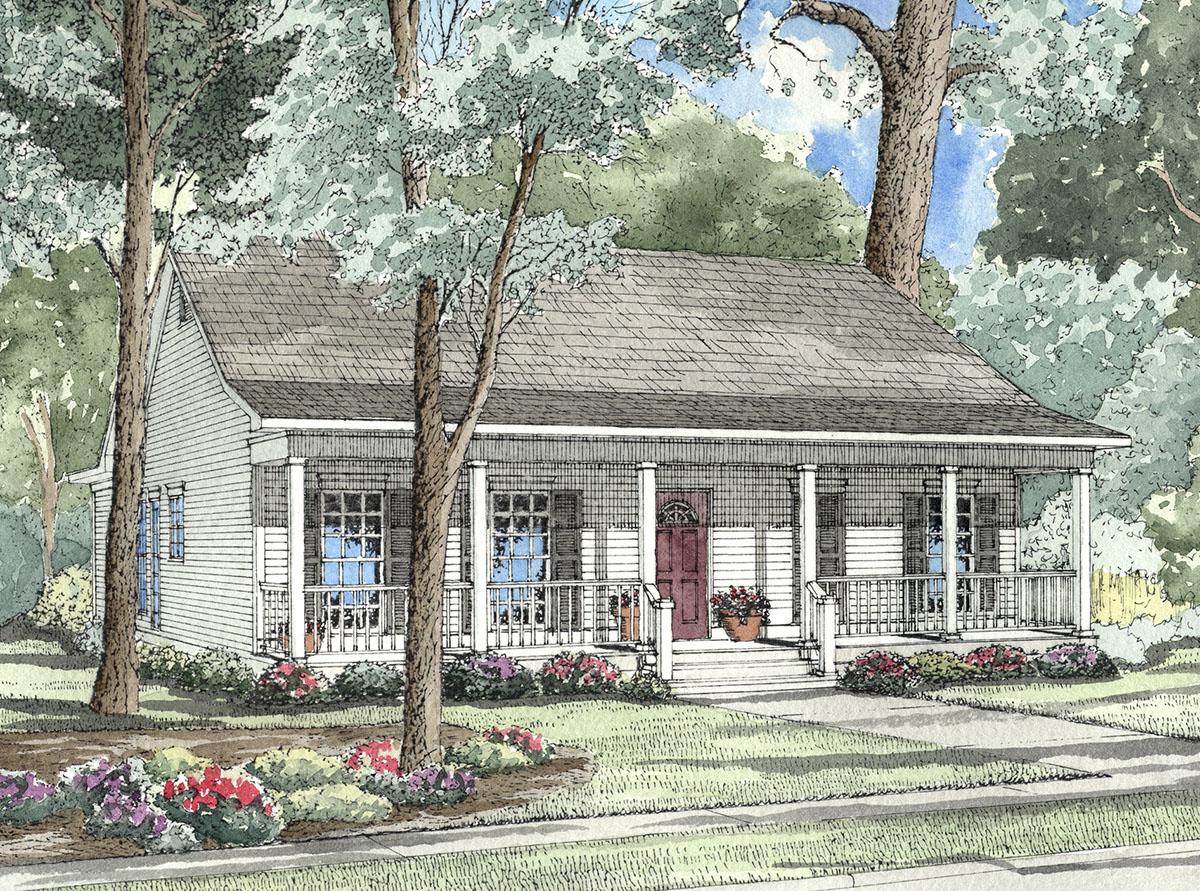 House plan exterior, one story, traditional style, full-width covered porch with columns, gabled roof.
