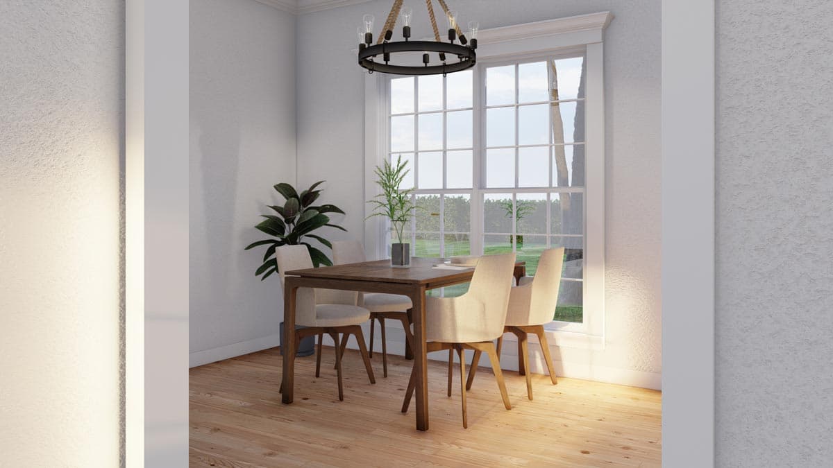 Dining room with wood table, upholstered chairs, large window with grid panes, and rope chandelier.