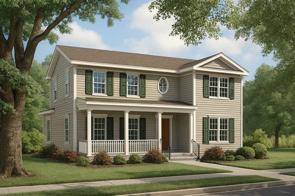 Two-story house plan exterior featuring a front porch with columns, a gabled roof, and multiple windows with shutters.