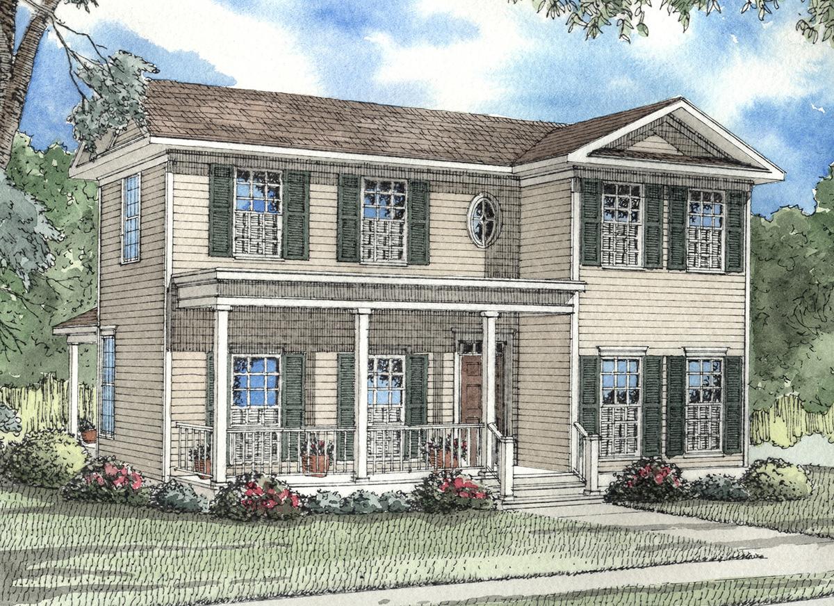 House plan exterior of a two-story home with a wrap-around porch, gabled roof, and multiple dormers.
