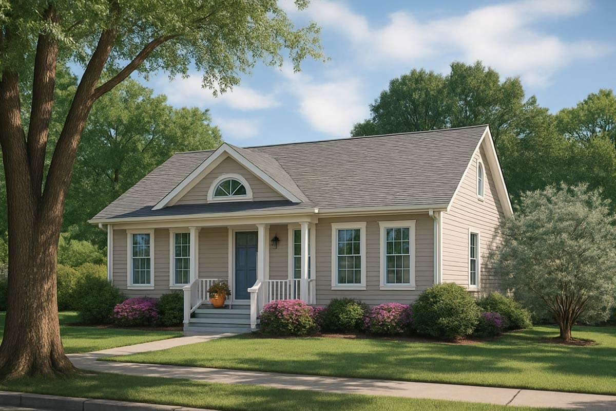 House plan exterior: Gable roof, front porch with columns, arched attic window, and double-hung windows.