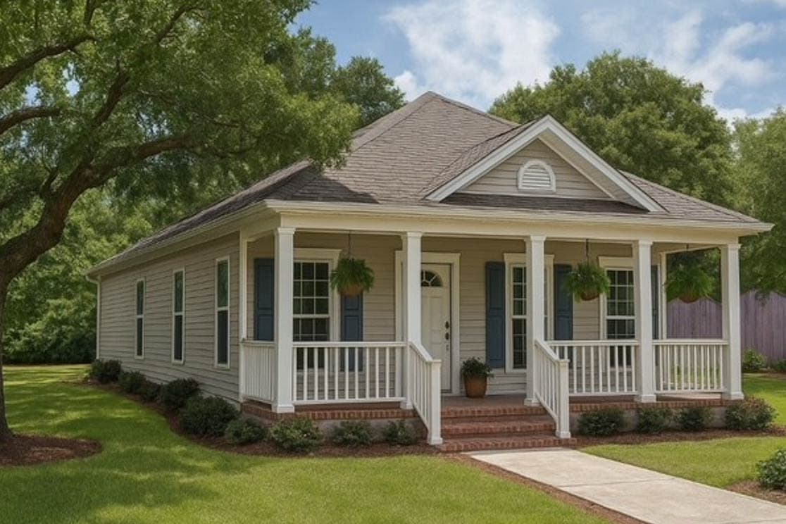 House plan exterior: Single-story Ranch style with covered front porch, white railings, and dark blue shutters.