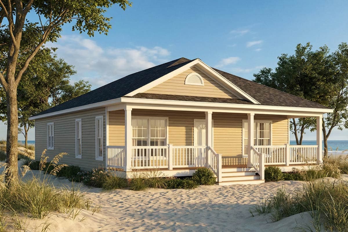 A charming, single-story beach house with a porch and white railings sits in the sand. Trees frame the house against a bright blue sky.