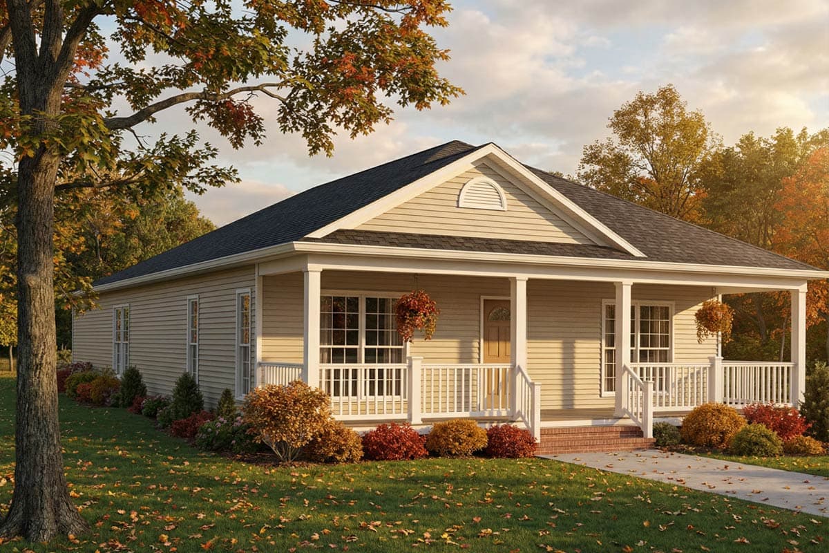 A beige bungalow with a black roof, porch, and a well-manicured lawn. Autumn foliage surrounds the house, hanging baskets on the porch.