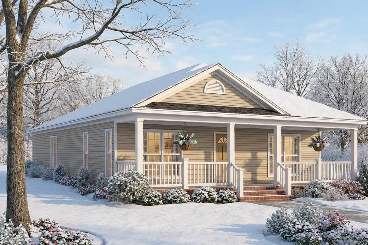 A beige bungalow covered in snow on a winter day. Hanging baskets decorate the porch with white railings, surrounded by snow-covered bushes and trees.