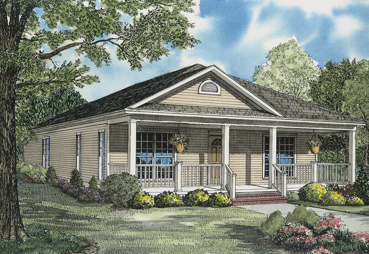 A quaint house with a wide porch and hanging flower baskets is surrounded by lush green trees and a well-manicured lawn under a bright blue sky.