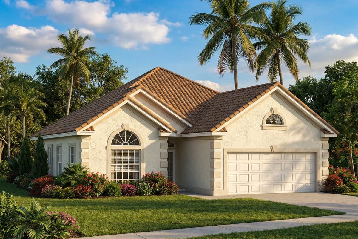 A cream-colored single-story house with a brown tile roof and a two-car garage. Palm trees and lush landscaping surround the home under a blue sky.