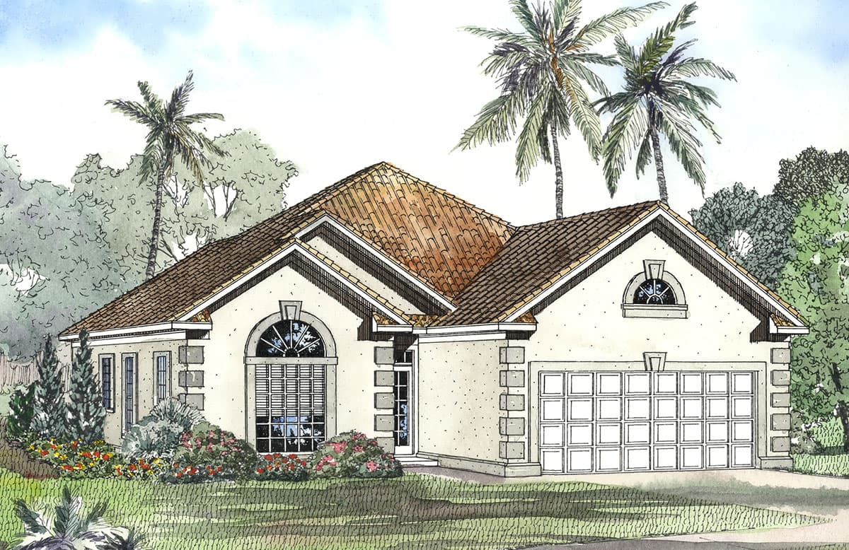 House plan exterior, single-story, Mediterranean style with tile roof, arched windows, and a two-car front-facing garage.