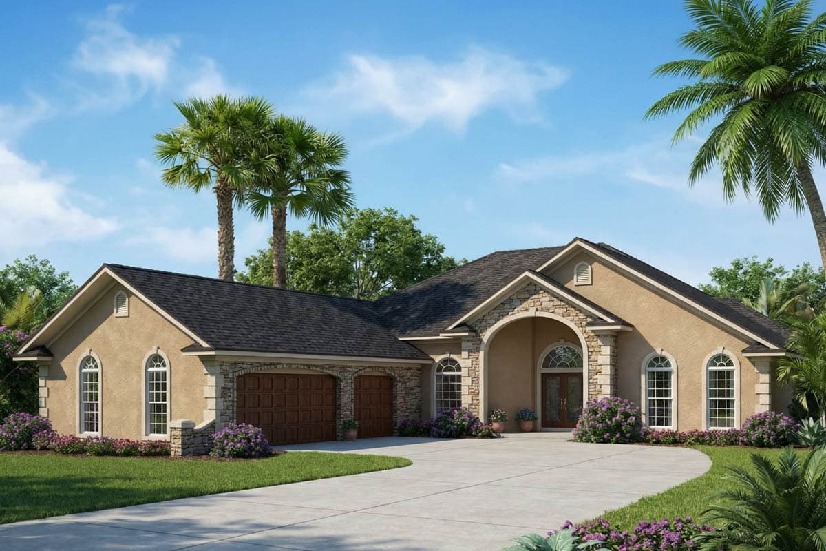 House plan exterior: One-story home with arched entry, stone accents, dual garage doors, and multiple arched windows.