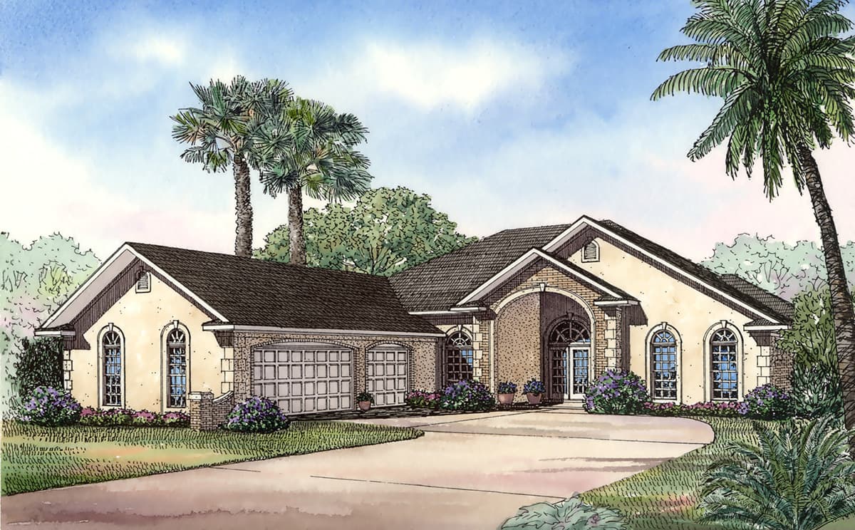 House plan exterior: One-story home with stucco walls, brick accents, a side-entry three-car garage, and arched windows.