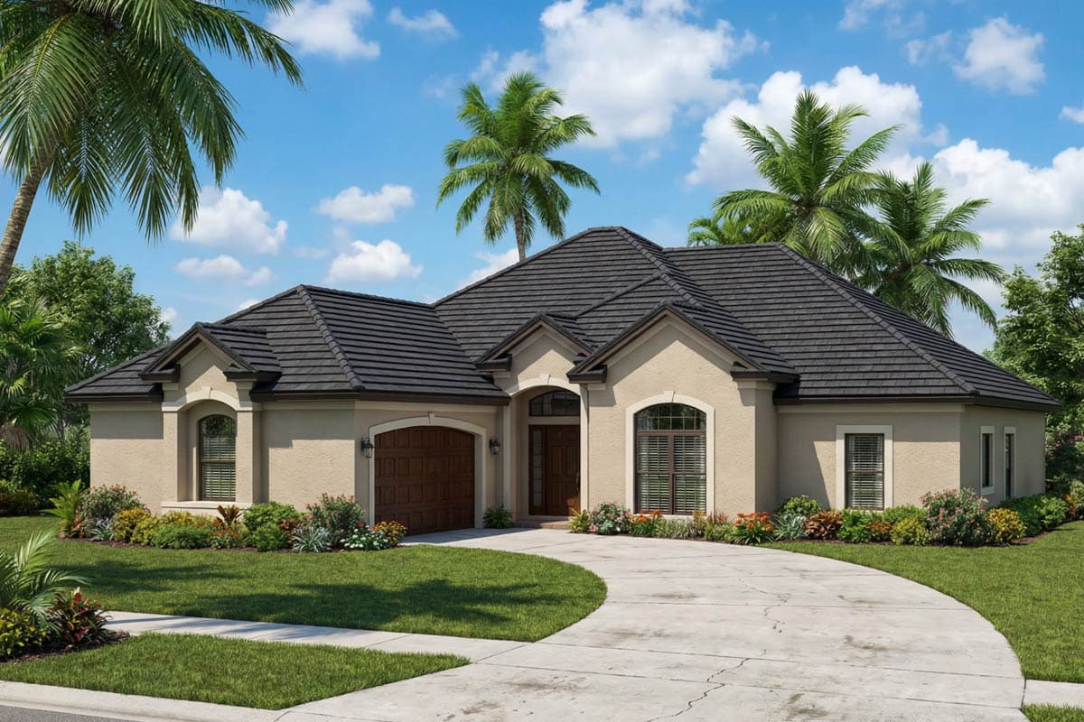 A stucco-walled house with a dark tiled roof, a curving driveway, and palm trees under a blue, cloudy sky, showcasing tropical architecture.
