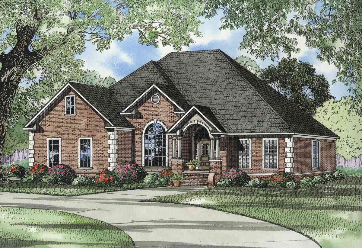 House plan exterior rendering of a one-story brick home with a prominent arched window and covered front entry.