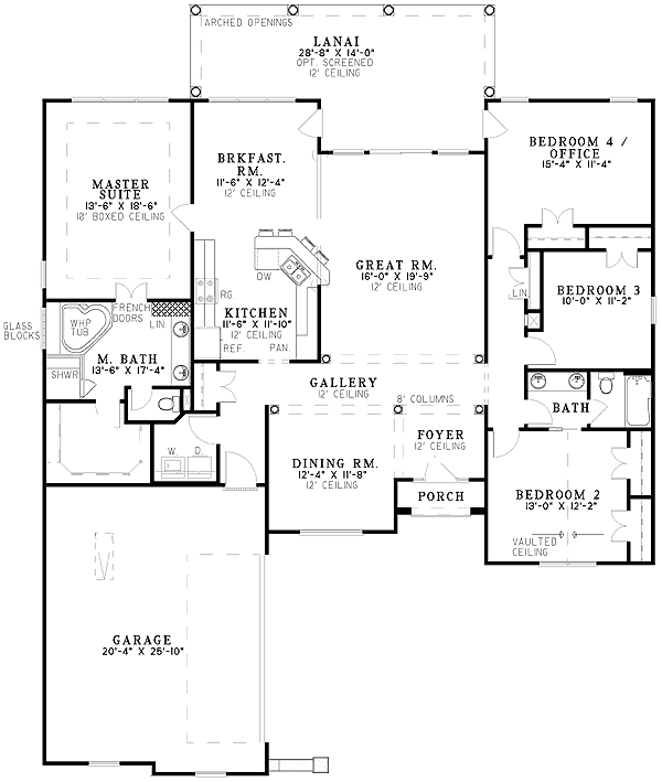 Plan 59175ND: Attractive Four Bedroom House Plan - Floor Plan - Main Level - Florida-Style, Mediterranean