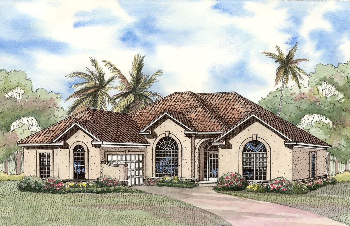 House plan exterior rendering of a single-story home with arched windows, a tile roof, and a two-car garage.