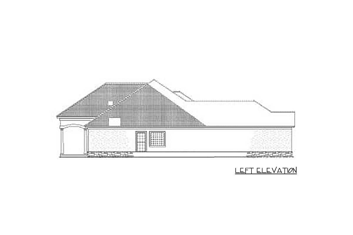Left elevation drawing of a house plan showing a gabled roofline, dormer, and stone foundation.