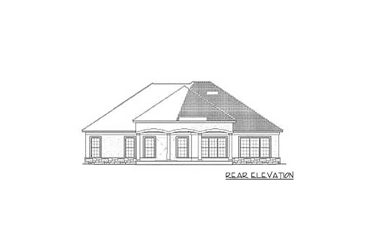 Rear elevation drawing of a single-story house with a covered porch, multiple windows, and stone accents.