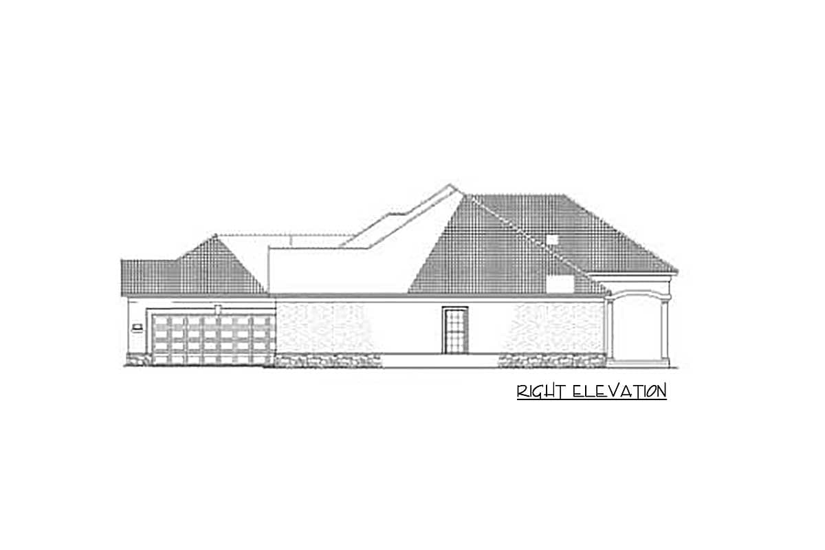 Right elevation house plan showing a side view with a garage, entryway, and varied rooflines.