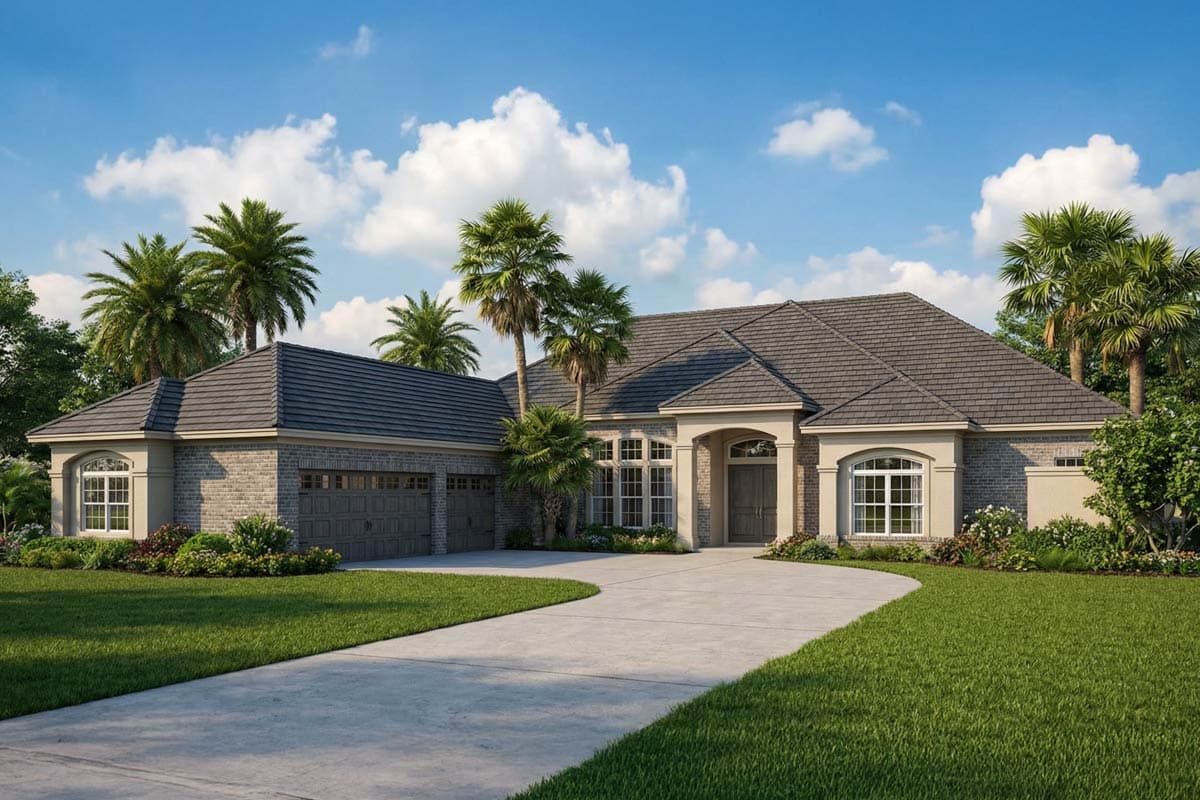 A luxury home with a grey tile roof and a winding driveway. Palm trees and lush green lawns surround the two-story house.