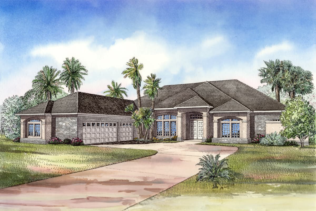 House plan exterior: One-story residence with attached three-car garage, prominent portico entrance, arched windows, and brick facade.