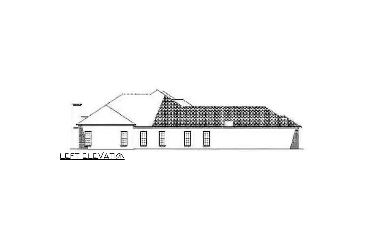 Left elevation drawing of a single-story house plan with multiple gables and a prominent roofline.