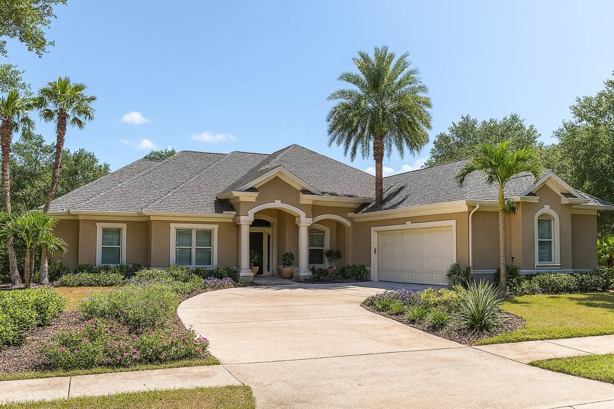 Ranch house plan exterior with arched entryway, columns, pitched roof, and attached garage.