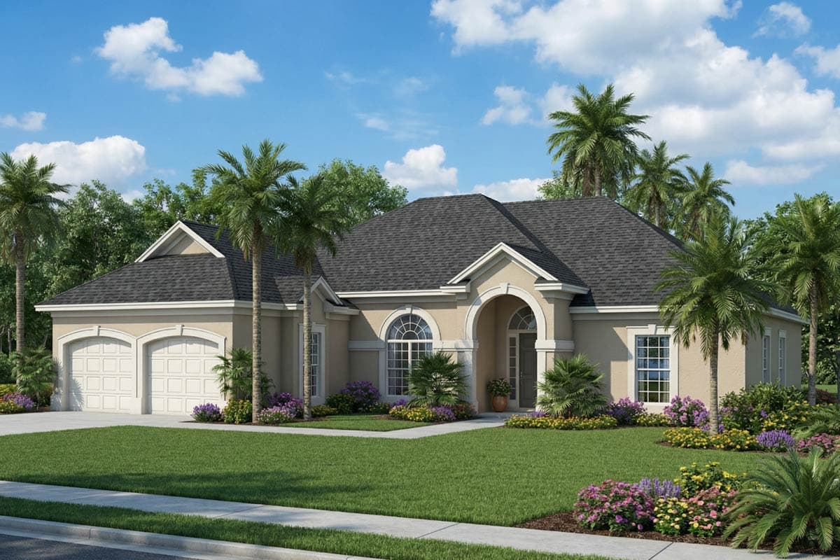 A beige stucco house with a dark gray roof, arched windows, and palm trees. It has a well-manicured lawn and a blue sky with fluffy clouds.