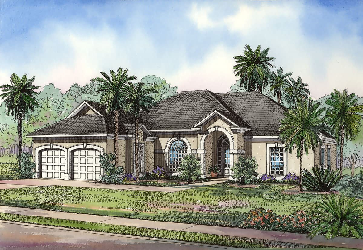 House plan exterior: one-story home with arched entryway, arched window, and attached two-car garage.