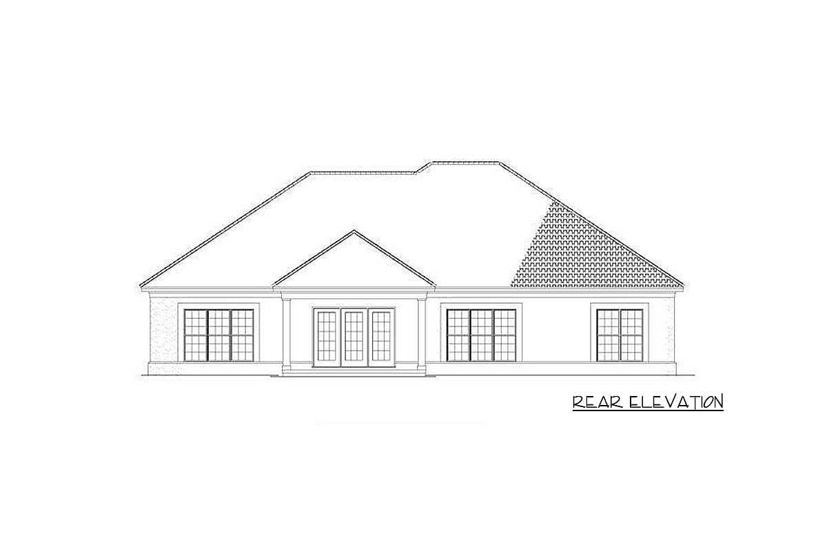 Rear elevation drawing of a house plan featuring a prominent gable and multi-pane windows.