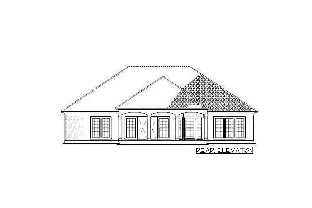 Rear elevation drawing of a single-story house plan with a covered porch, multiple windows, and gabled roof.