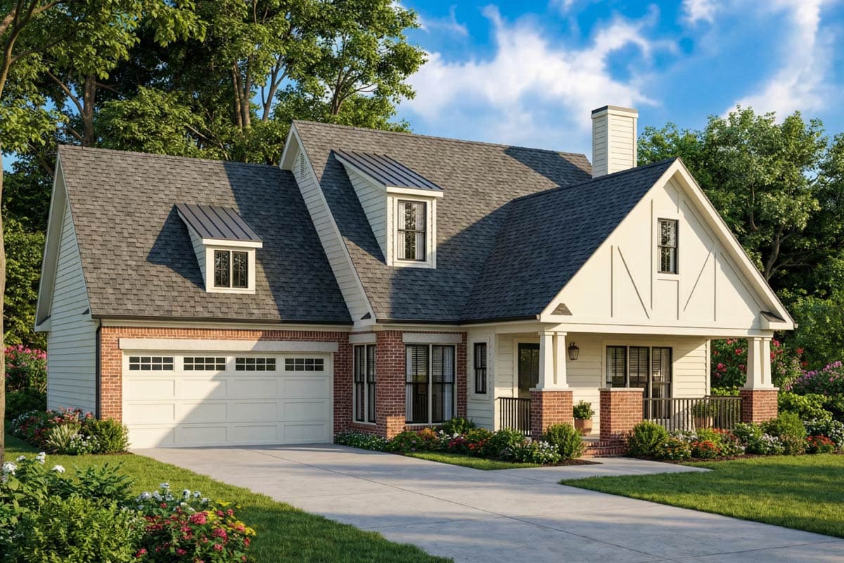A two-story house with a brick and cream exterior, a gray shingled roof, and a welcoming front porch. A driveway leads to the garage.