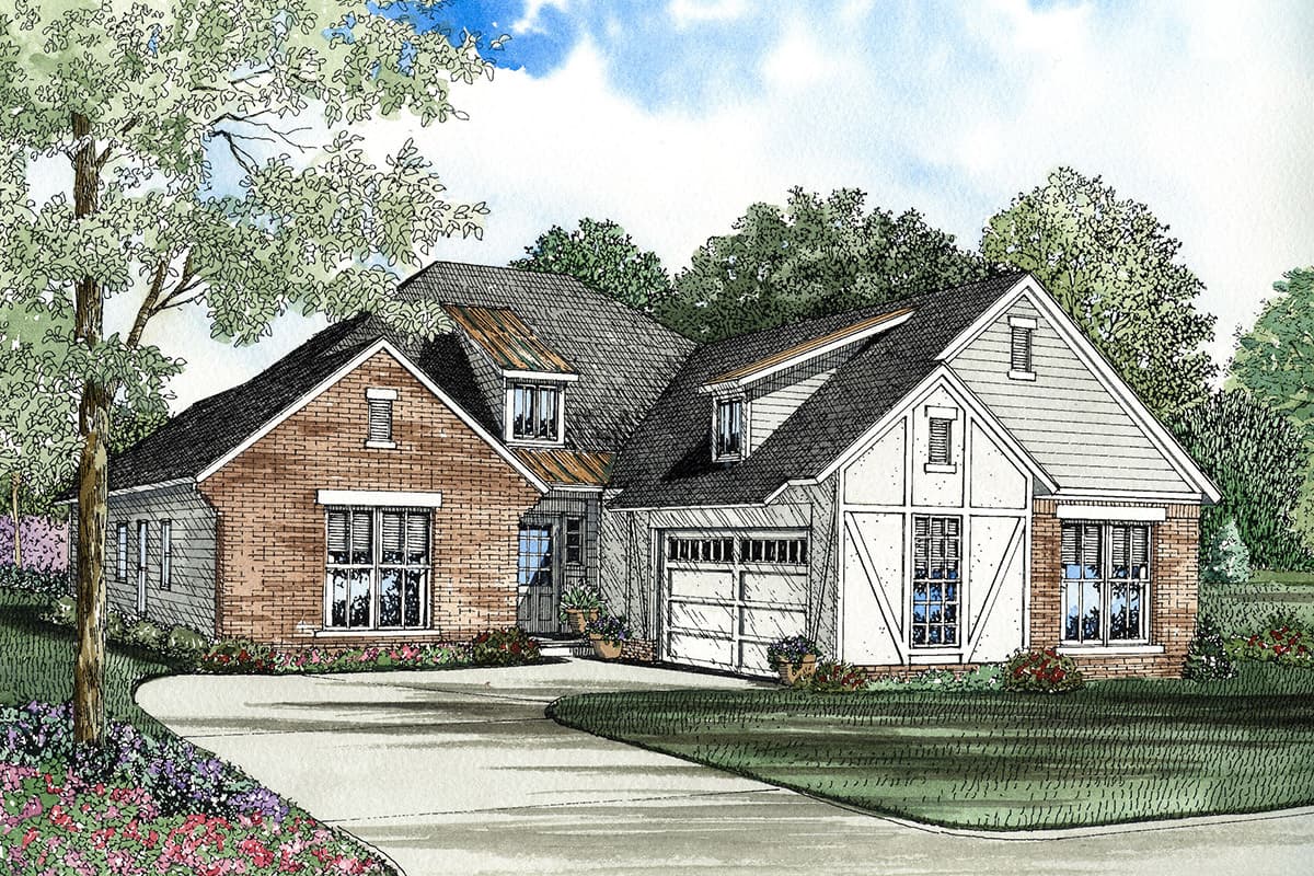 House plan exterior: One-story home with brick and siding, steeply pitched roof, dormers, and a two-car front-facing garage.