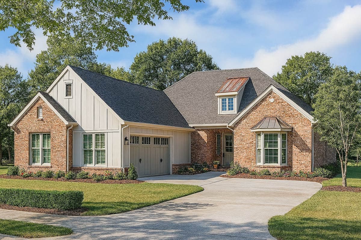 House plan exterior featuring brick and board-and-batten siding, gable rooflines, dormer, and attached garage.