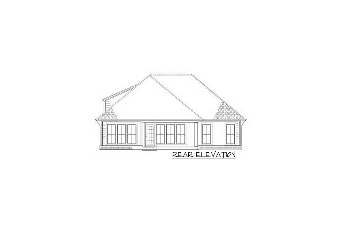 Rear elevation drawing of a house with a prominent central dormer and multiple windows along the rear facade.