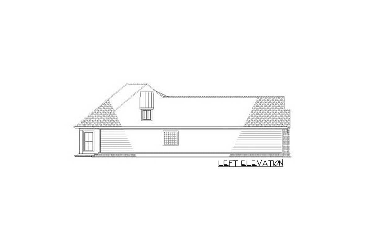 Left elevation drawing of a house plan with gables, dormer, and horizontal siding.